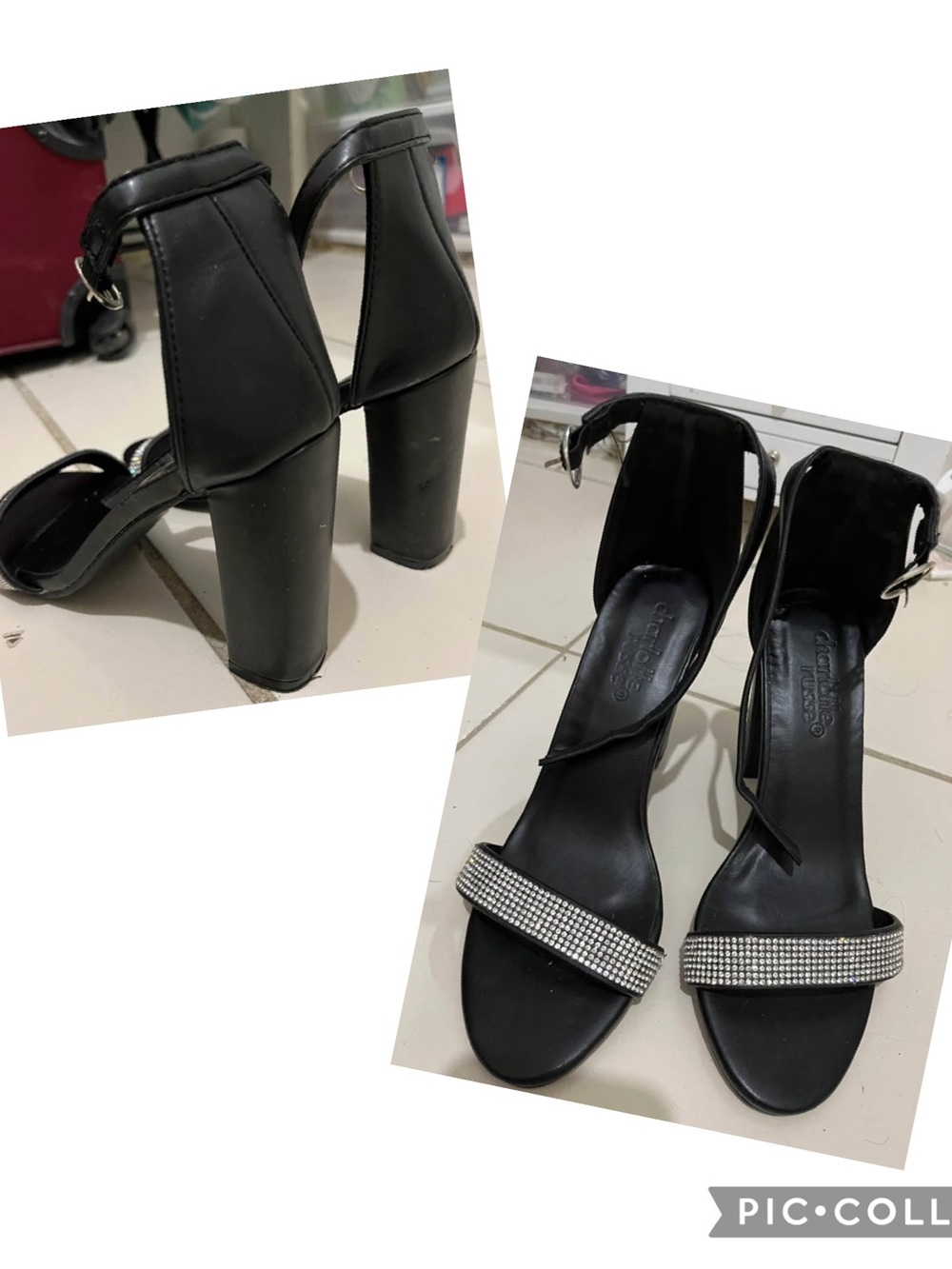 Charlotte Russe Black Block Heel Sandals with Rhinestone Strap
